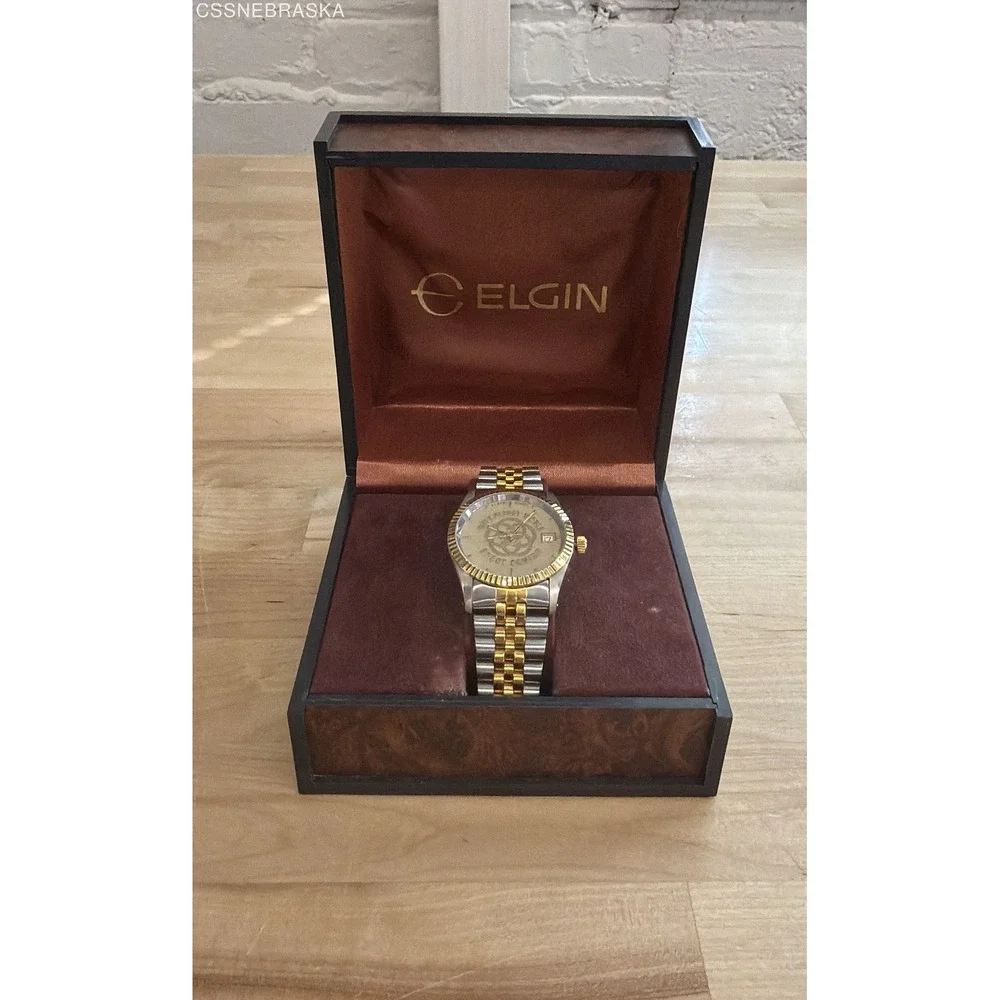 Vintage Elgin Men's Quartz Watch Two Tone Gold Fluted Bezel Jubilee Date Boxed